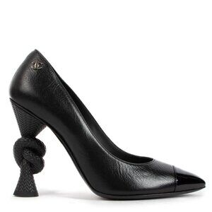 CHANEL Diamond Rope Knot Heels Black Leather & Patent Toe Caps Sz 39.5 Rare